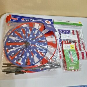 Lot 7 Patriotic Windmills + Flag Banner & Flag Windsock 4th of July Decorations